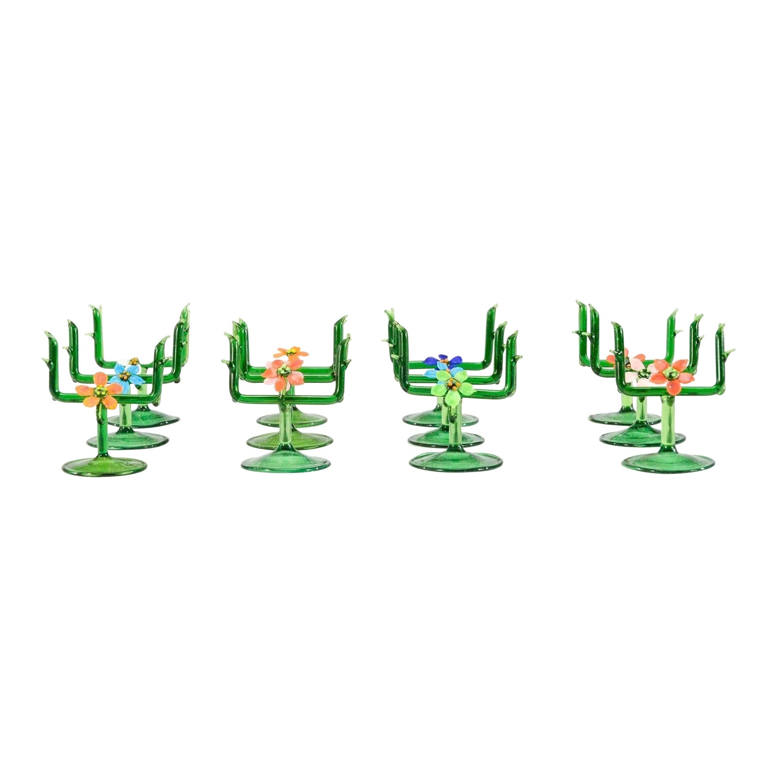 Set of 12 German Bimini Hand Blown Place Cards W/ Green Branches & Flowers For Sale