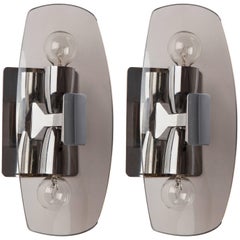Chrome and Smoked Glass Mid-Century Modern Sconces, circa 1970