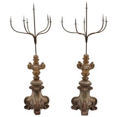 18th Century Pair of Italian Polychrome Giltwood and Iron Candelabra