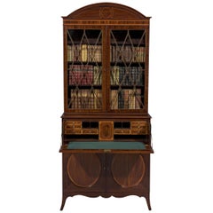 George III 18th Century Period Mahogany and Satinwood Inlaid Secretaire Bookcase