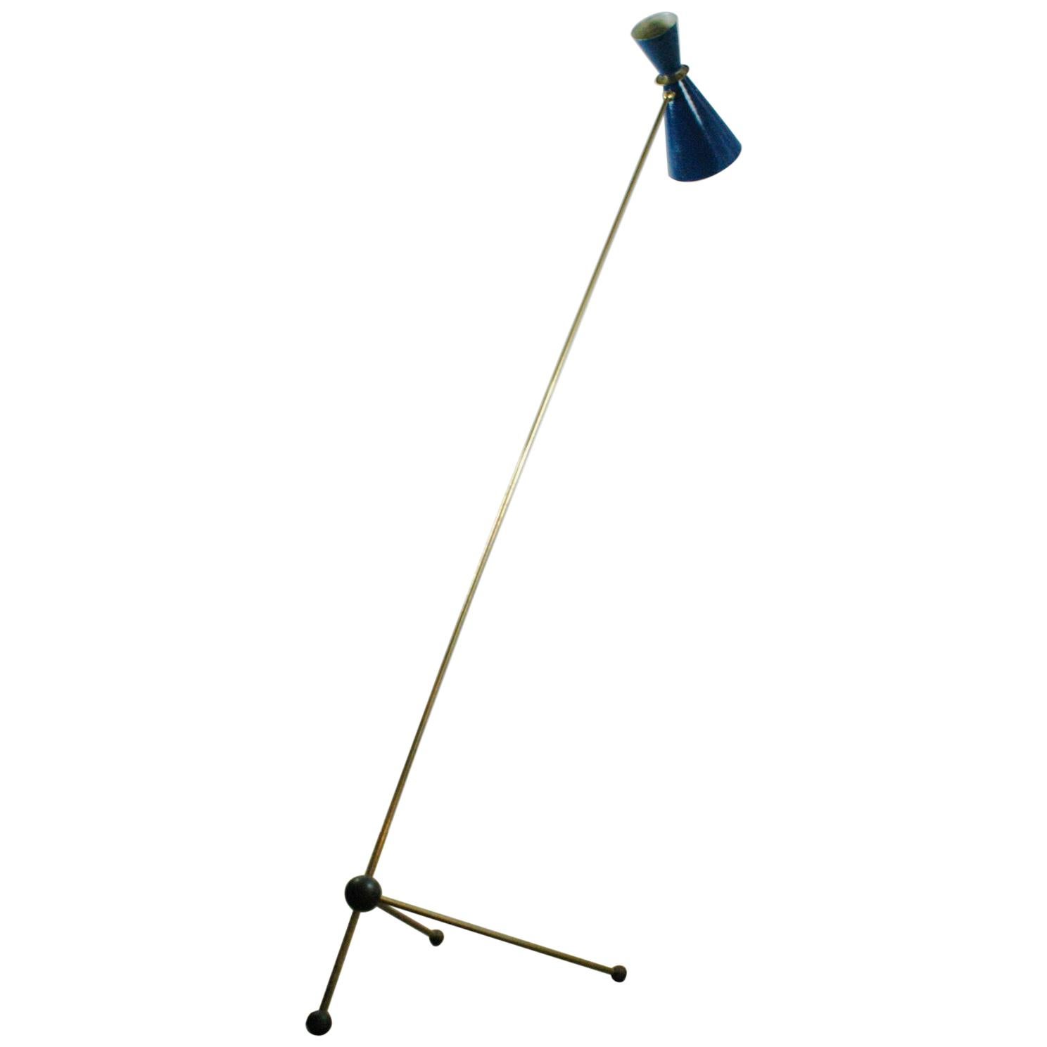 Italian Midcentury Blue Diabolo Brass Floor Lamp in the Style of Stilnovo