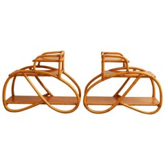 Pair of Paul Frankl Rattan Pretzel Tiered Nightstands