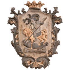 Early 20th Century French Carved Painted Wall Hanging Crest with Armored Soldier