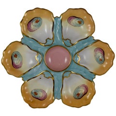 French Porcelain Hand-Painted Salmon Center Gilded Oyster Plate