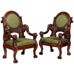 19th Century French Pair of Carved Mahogany and Green Horsehair Fabric Armchairs