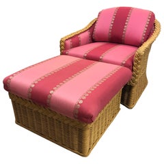 Pair of Mid-Century Modern Pink Rasberry Wicker Lounge Chair and Ottomans