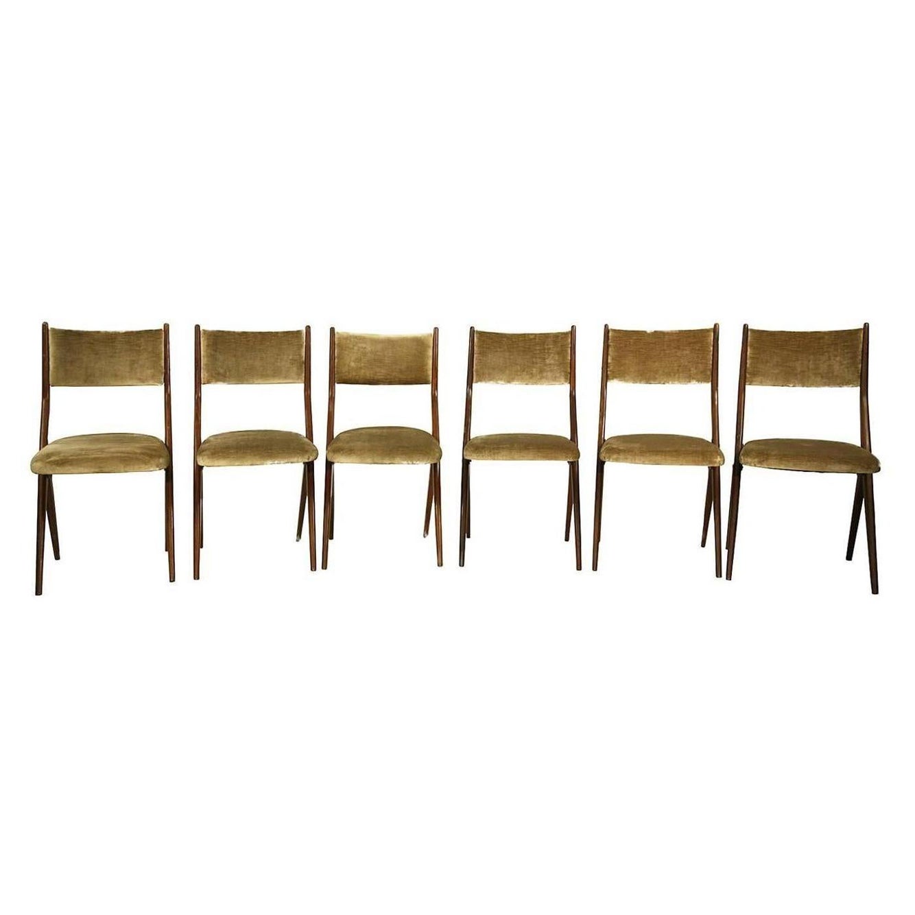 Four Mid-Century Modern Italian Scissor Shape Mahogany and Velvet Dining Chairs For Sale