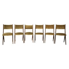 Four Mid-Century Modern Italian Scissor Shape Mahogany and Velvet Dining Chairs