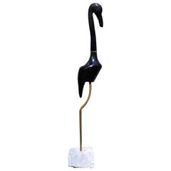 Life-Sized Italian Black Marble Flamingo Sculpture with Carrara Marble Bas