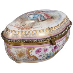 Meissen School Hand-Painted Porcelain and Gilt Bronze Dresser Box, 20th Century