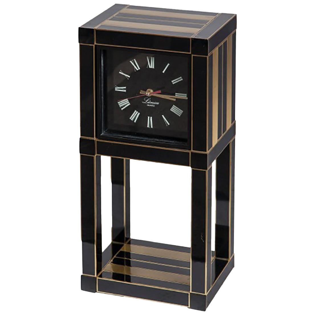 1970s, Willy Rizzo for Lumica Black Lacquered Metal Quarz Table Clock For Sale