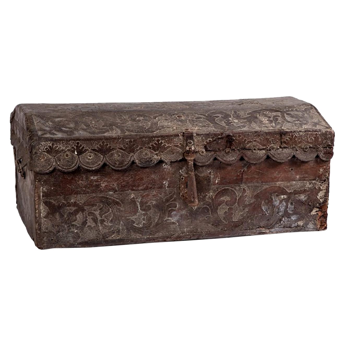 18th Century Peruvian Engraved Leather Decorated Dome Top Trunk Dated 1767 For Sale