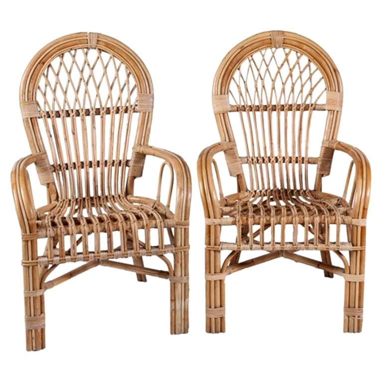 1980s Pair of Spanish Bamboo Armchairs with Rounded Back Rest For Sale
