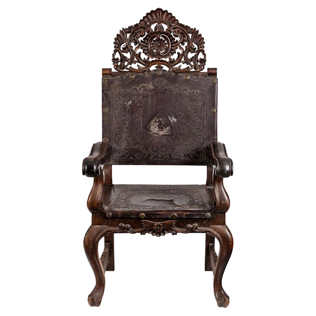 19th Century Peruvian Hand-Carved Chestnut Armchair