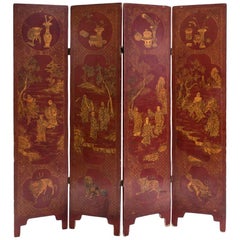 Antique Red Japanese Lacquer Four-Panels Folding Screen, Meiji Period, 1868-1912