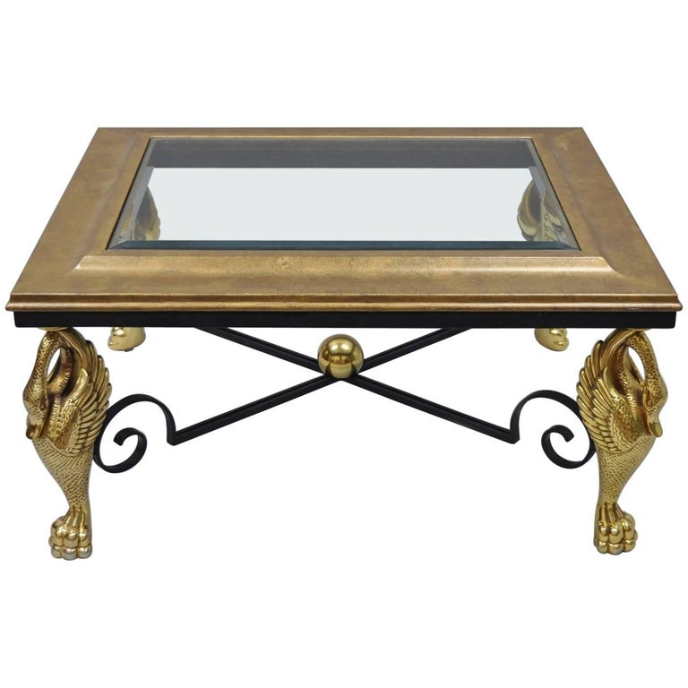 Regency Style Swan Base Rectangular Coffee Table Gold Metal Iron And Regency Style Swan Base Rectangular Coffee Table Gold Metal Iron And Glass Top For