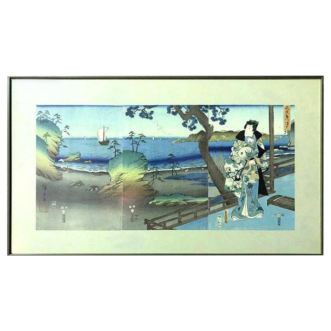 Ando Hiroshige & Tokoyuni Kunisada Prince Genji in Exile at Suma Oban Triptych