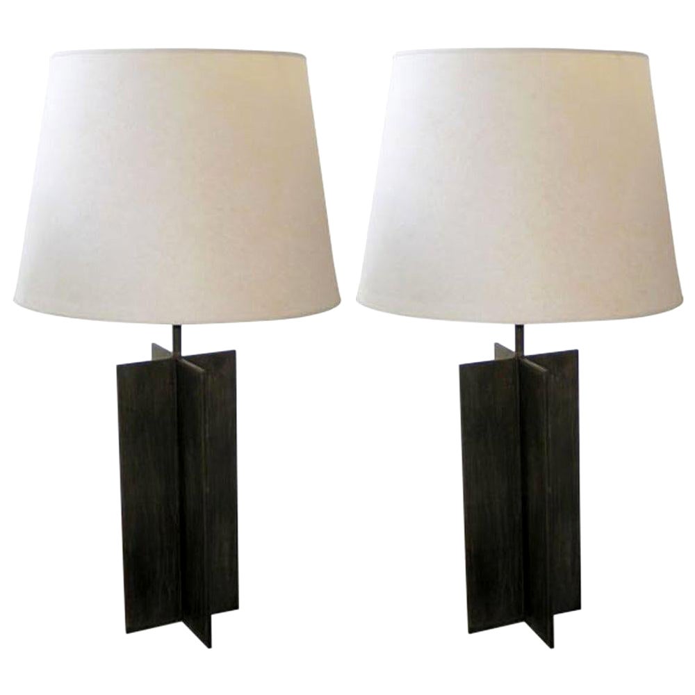 Pair of French Modern Neoclassical Iron Cross Form Table Lamps, Jacques Quinet