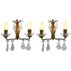 Mid-Century Modern Pair of signed Bronze and Crystal Sconces by Baccarat, France