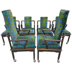 Fabulous Asian Modern Widdicomb Dining Chairs Jack Lenor Larsen Blue Velvet