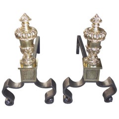 Pair of French Brass and Polished Steel Urn Finial Acanthus Andirons, Circa 1850