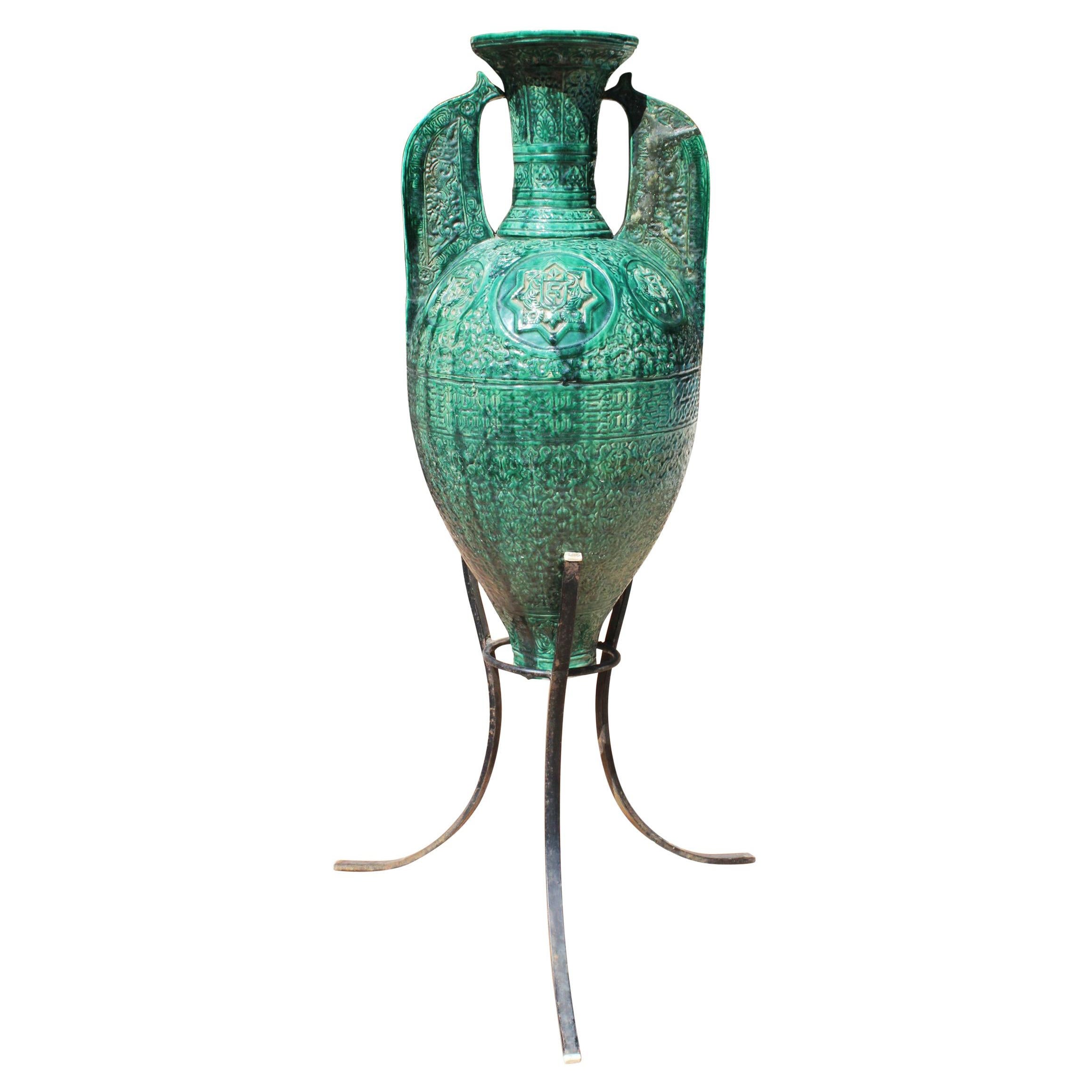 19th Century Spanish Green Glazed Ceramic Moorish Style Amphora For Sale