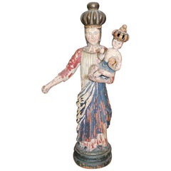 Antique 18th Century North Spanish Polychrome Wooden Virgin Sculpture