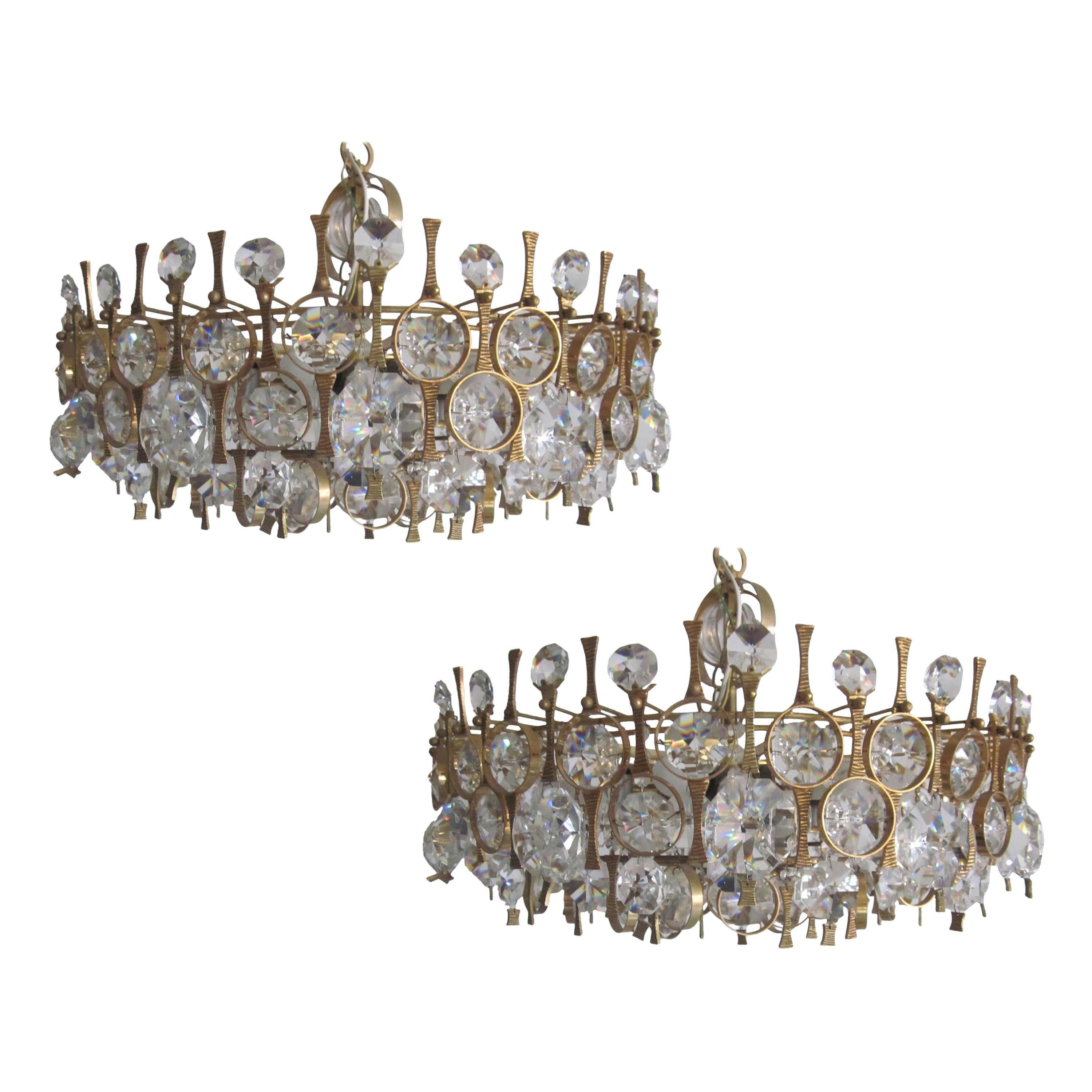 2 Handmade Italian Mid-Century Gilt Bronze & Crystal Chandeliers, Angelo Brotto