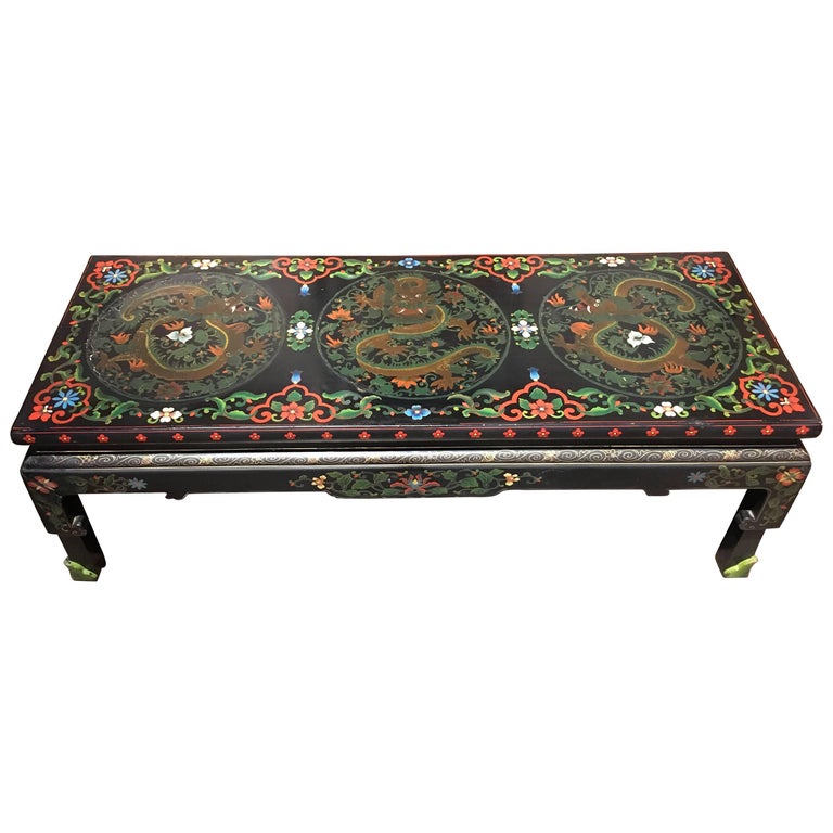 1950s Chinese Black Lacquer Painted Dragon Coffee Table Or Bench For 1950s Chinese Black Lacquer Painted Dragon Coffee Table Or Bench For