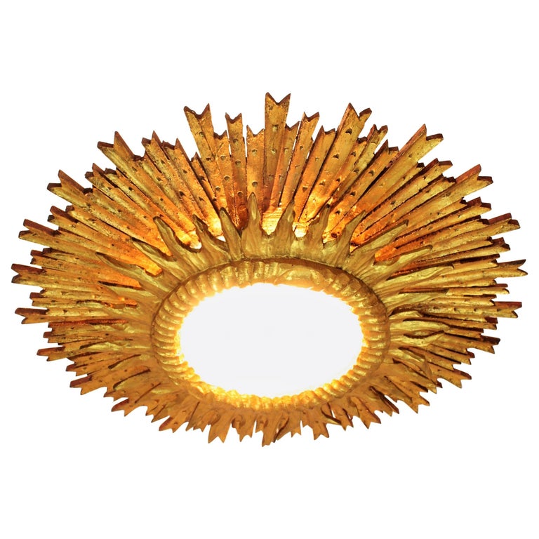 Large 1930s Baroque Gold Leaf Giltwood Sunburst Ceiling Light Fixture