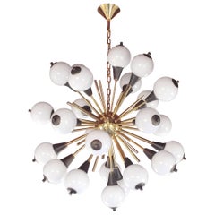 Contemporary Italian Antique Bronze and White Murano 24 light Sputnik Chandelier