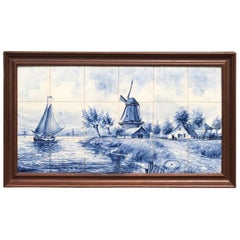 Large Mid-Century Made Delft Blue Tile Tableau/Wall Plaque with Dutch Landscape