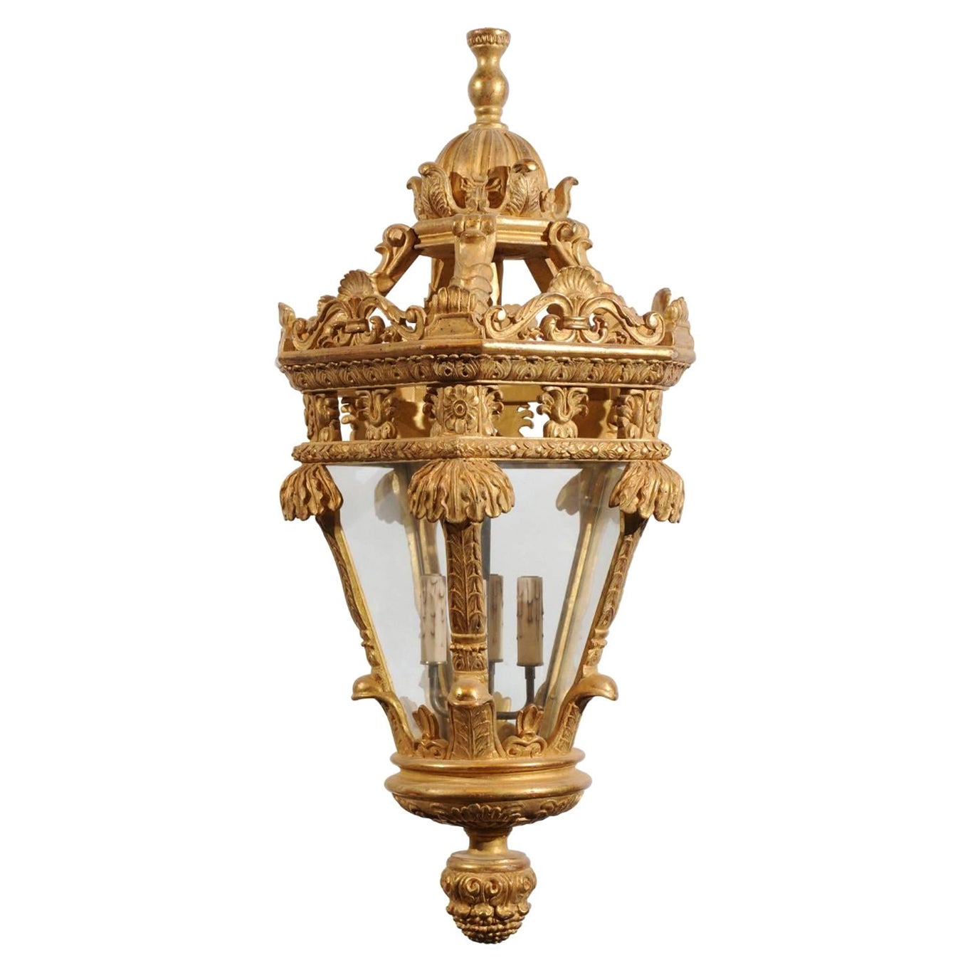 Large Giltwood Lantern with 4 Lights, Hand-Carved Reproduction