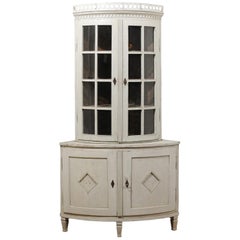 Swedish 1850s Gustavian Style Corner Cabinet with Glass Doors and Diamond Motifs