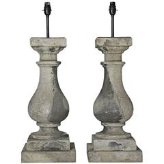 Pair of Carved Limestone Balustrade Lamps