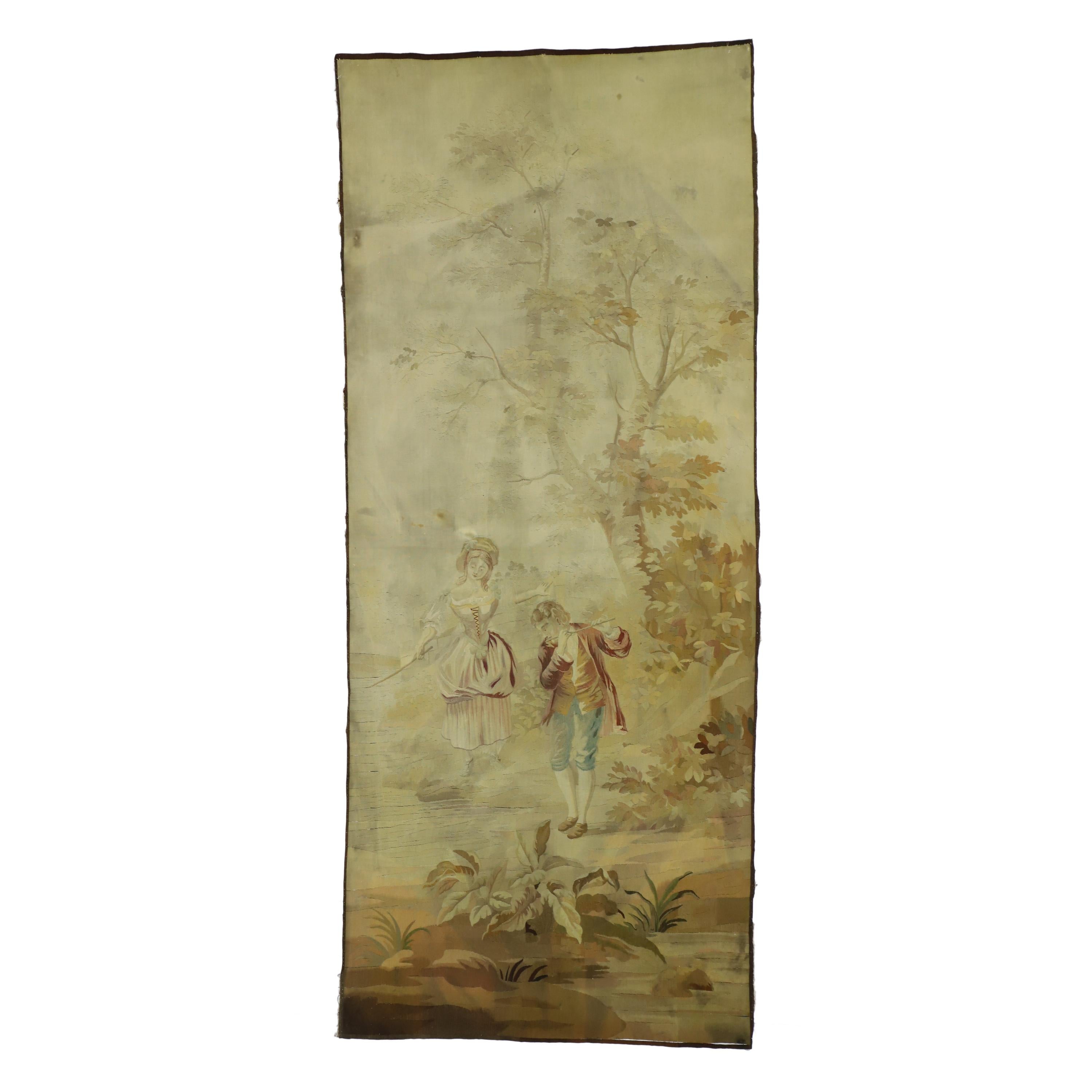 Antique French Rococo Romantic Pastoral Tapestry Inspired by Francois Boucher For Sale