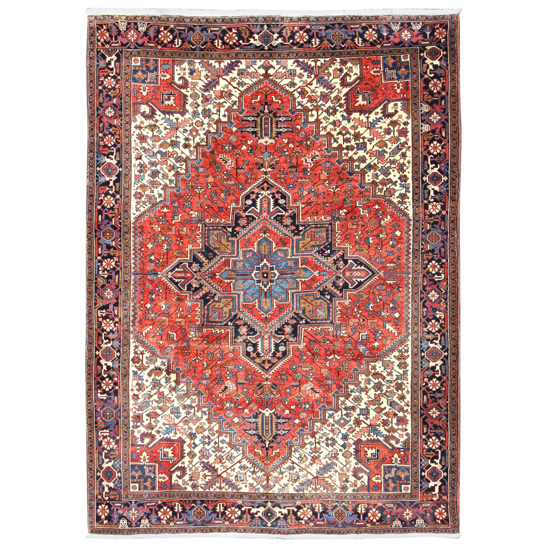 Semi Antique Persian Heriz Rug with Center Medallion Design in Rust Red and Blue