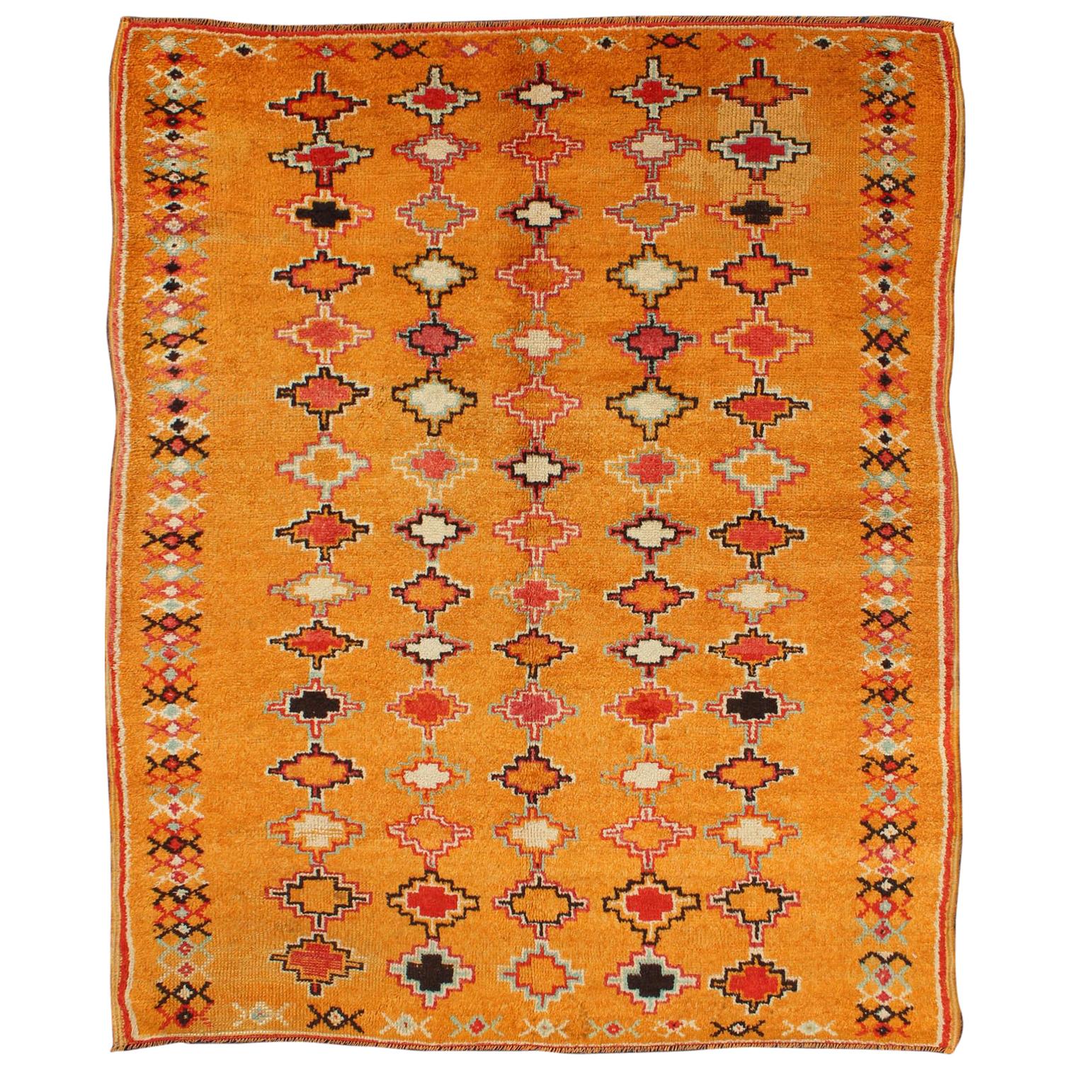 Saffron Colored Antique Moroccan Carpet with Geometric and Diamond Pattern 