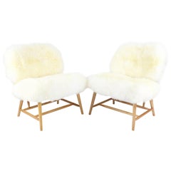 Pair of Swedish Sheep Skin and Beech Teve Easy Chairs by Alf Svensson for DUX