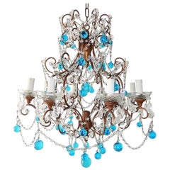 French Blue Murano Balls Beaded Swags Chandelier, circa 1900