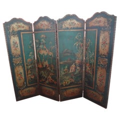  Antique Italian 4 Panel Leather Screen Or Room Divider With Chinoiserie Design