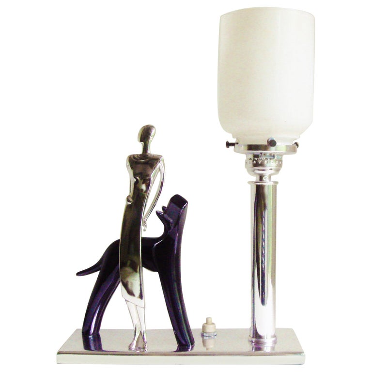Italian Art Deco Chrome And Black Figural Lady Dog Accent Lamp Italian Art Deco Chrome Black Figural Lady Dog Accent Lamp With Glass Shade
