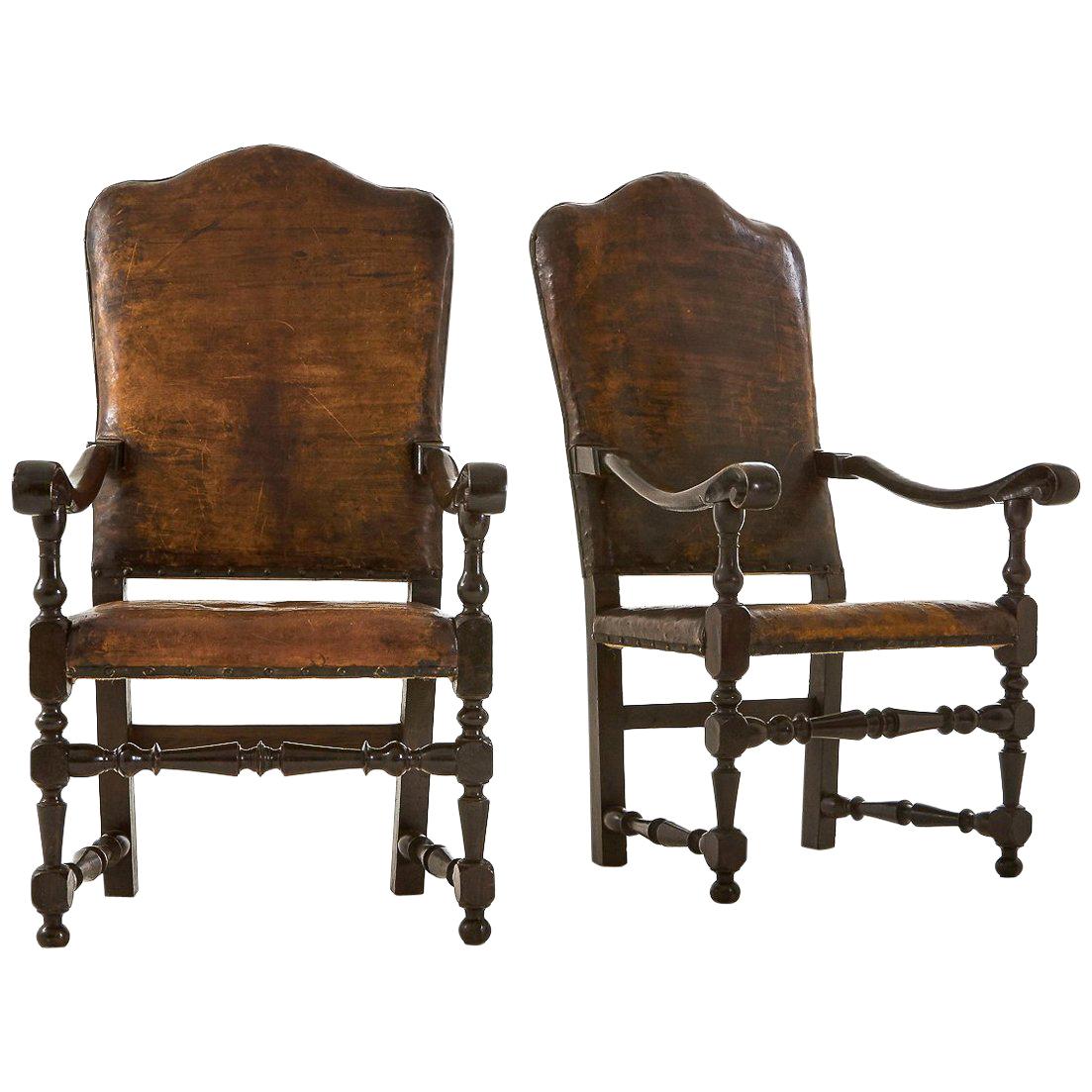 Pair of 18th Century Italian Leather Armchairs For Sale