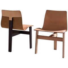 Tre 3 Dining Chair in Slung Leather & Natural or Dark Wood by Angelo Mangiarotti