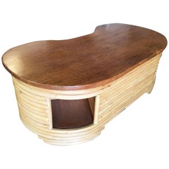 Restored Biomorphic Rattan and Mahogany Coffee Table with Cubby Storage
