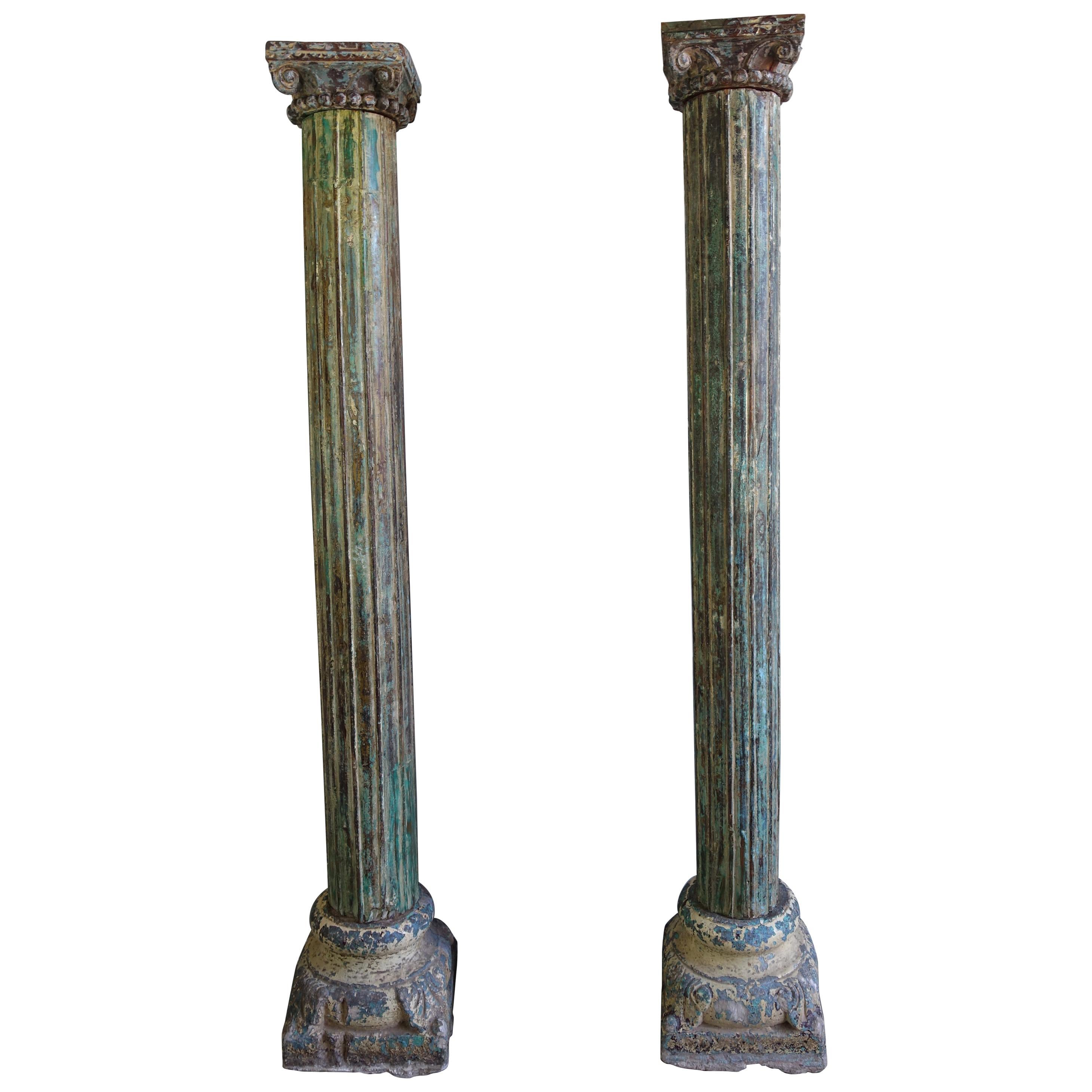 Pair of Carved Painted Columns, circa 1900s