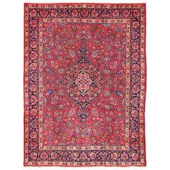 Vintage Persian Mashad Rug with Floral Medallion Design in Raspberry Red