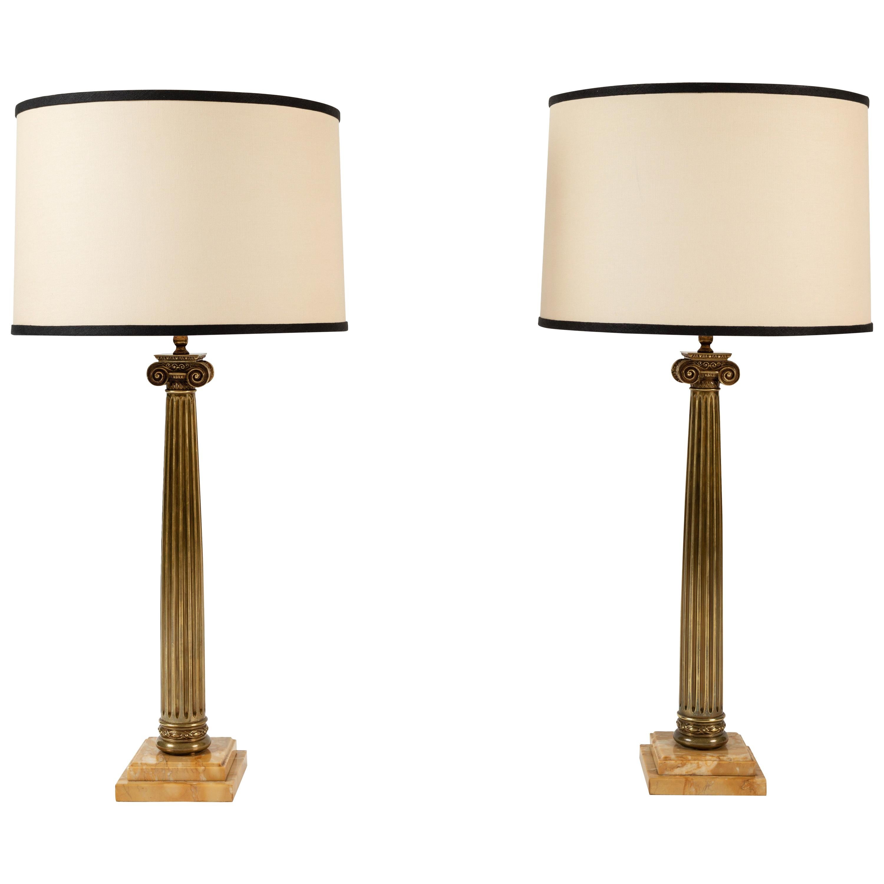 Pair of Patinated Brass Roman Column Table Lamps on Marble Bases