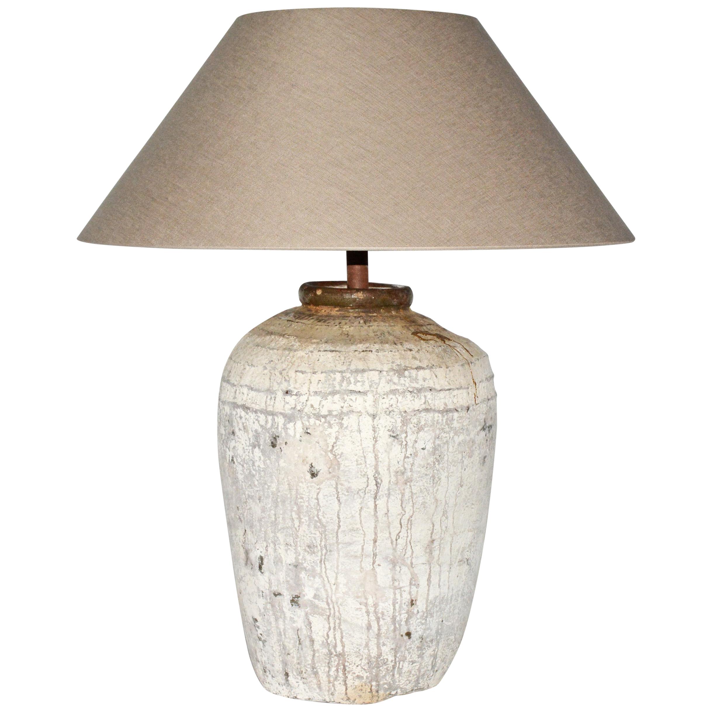Large Rustic Chinese Storage Jar Lamp Base with Linen Shade