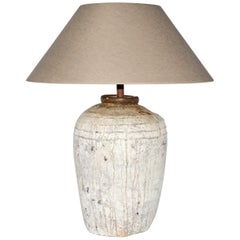 Antique Large Rustic Chinese Storage Jar Lamp Base with Linen Shade